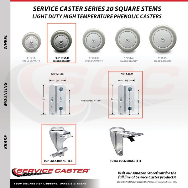Service Caster 3.5 Inch Gray Poly Wheel Swivel 7/8 Inch Square Stem Caster Set with Brake SCC SCC-SQ20S3514-PPUB-GRY-TLB-78-4 - main